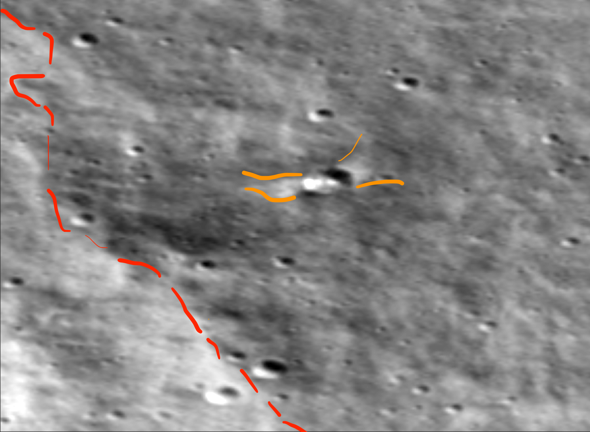 A close-up view of the impact site showing the ejecta left by Luna-25