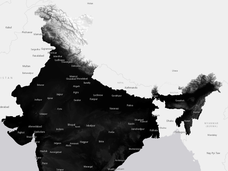 Digital elevation model of India 